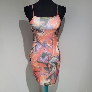 H&M Divided Womens Marble Print Bodycon Mini Dress Small Orange Colorful Y2K NEW